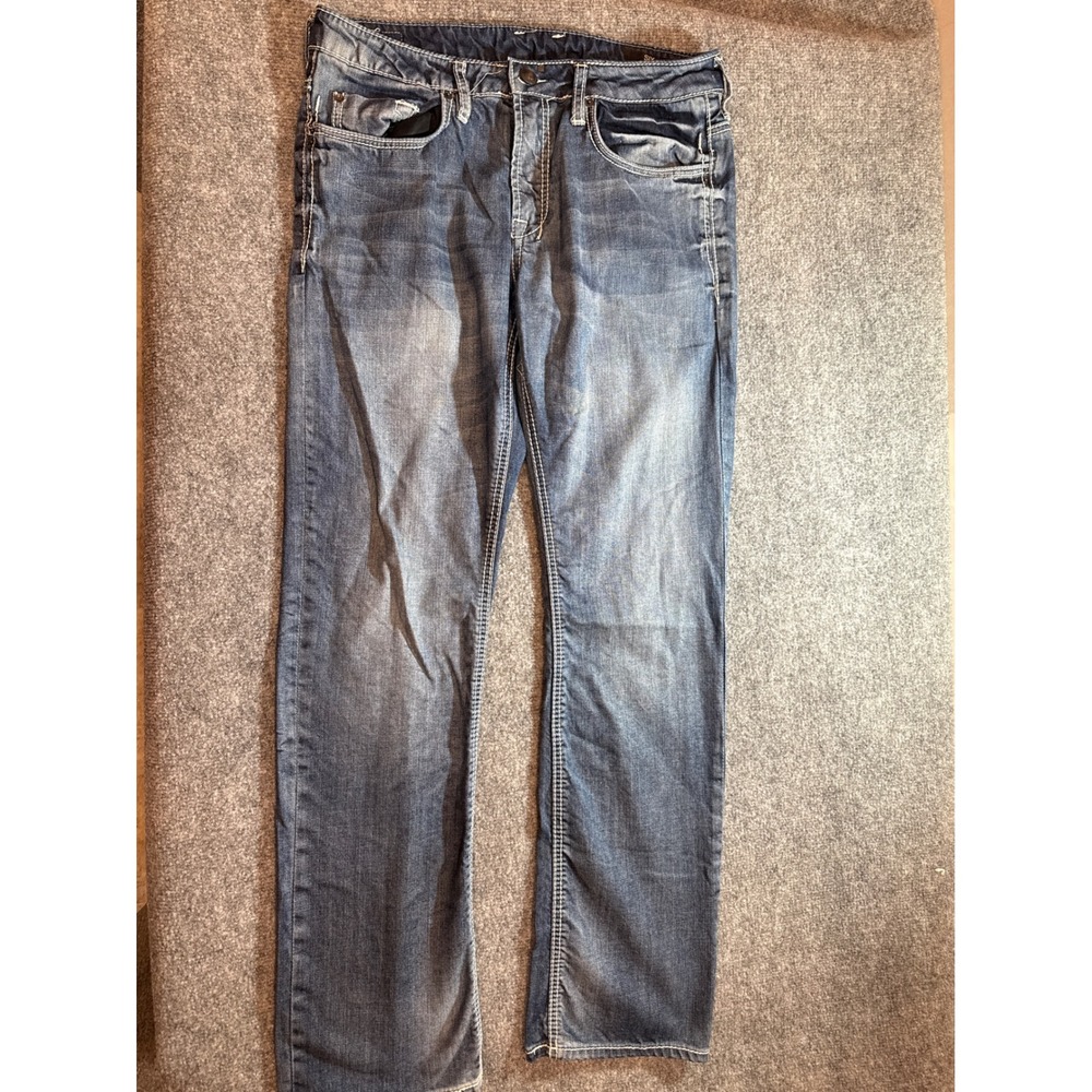 Buffalo David Bitton Six Mens Straight Jeans 33x32 Blue Faded Whiskered Denim